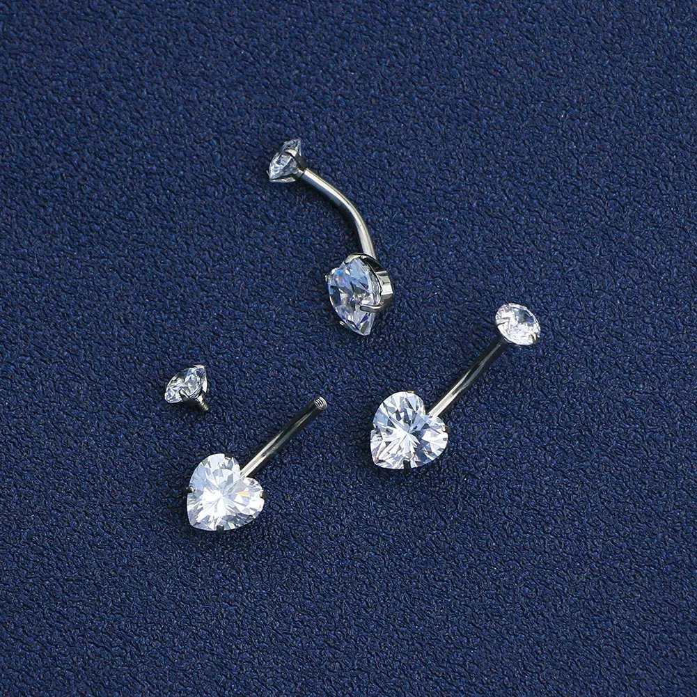 14G Round & Heart CZ Titanium Belly Button Ring