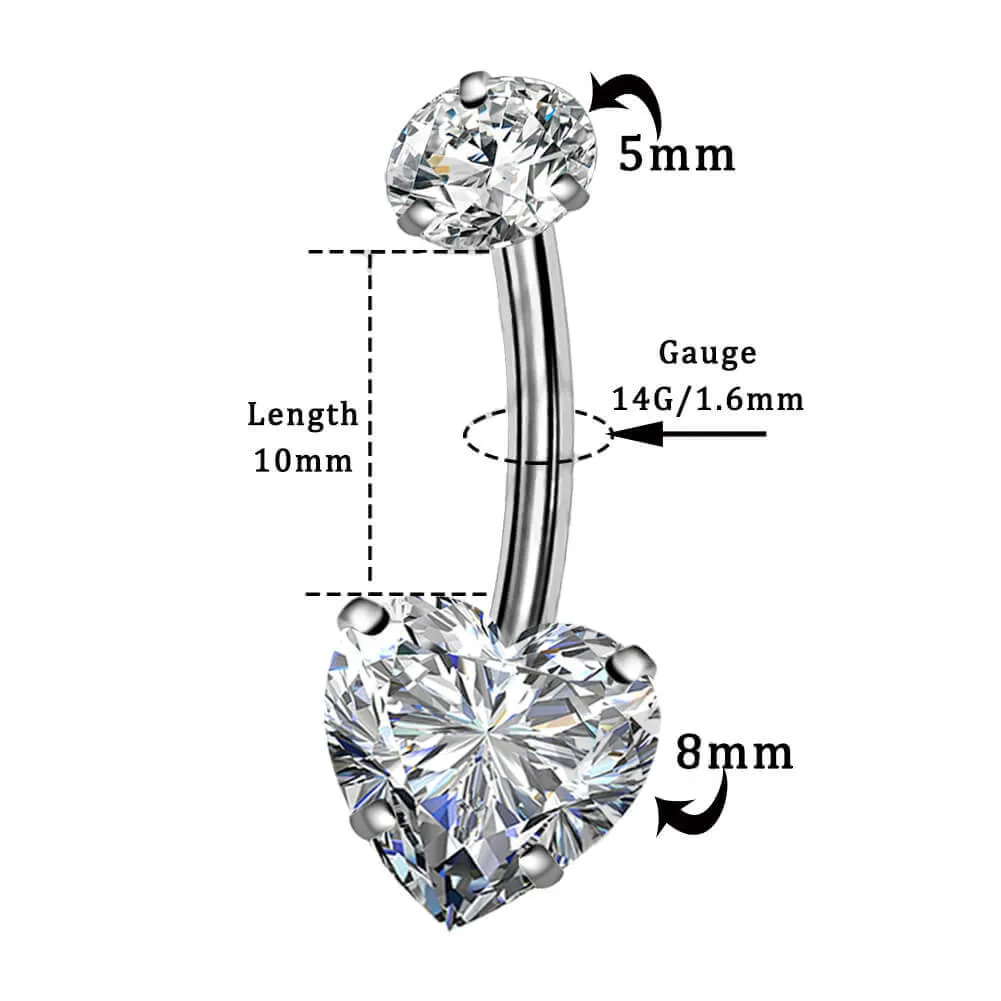 14G Round & Heart CZ Titanium Belly Button Ring