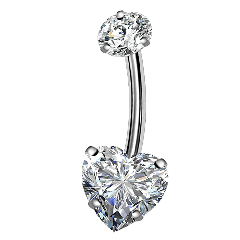 14G Round & Heart CZ Titanium Belly Button Ring