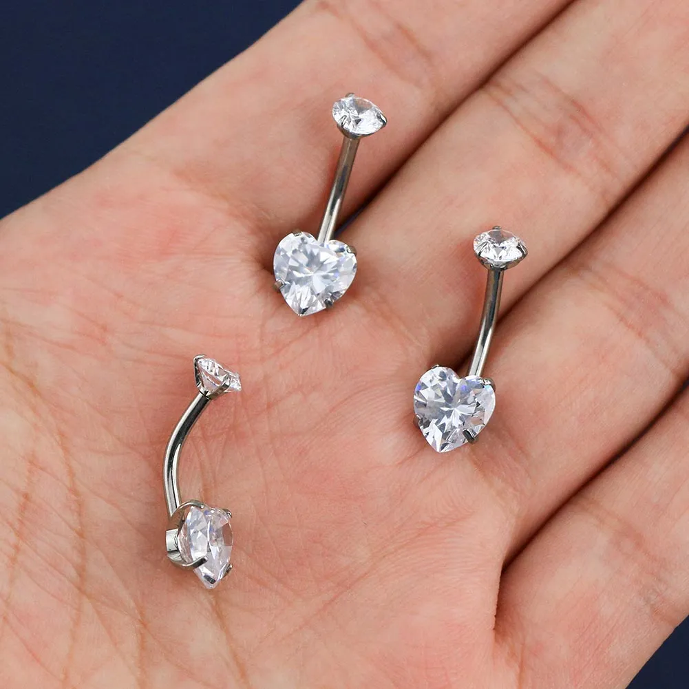 14G Round & Heart CZ Titanium Belly Button Ring