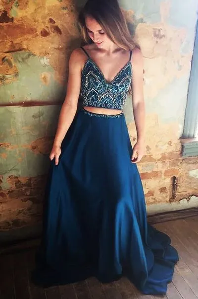 A-line Spaghetti Strap Floor-Length Satin Two Piece Prom Dresses HX0032