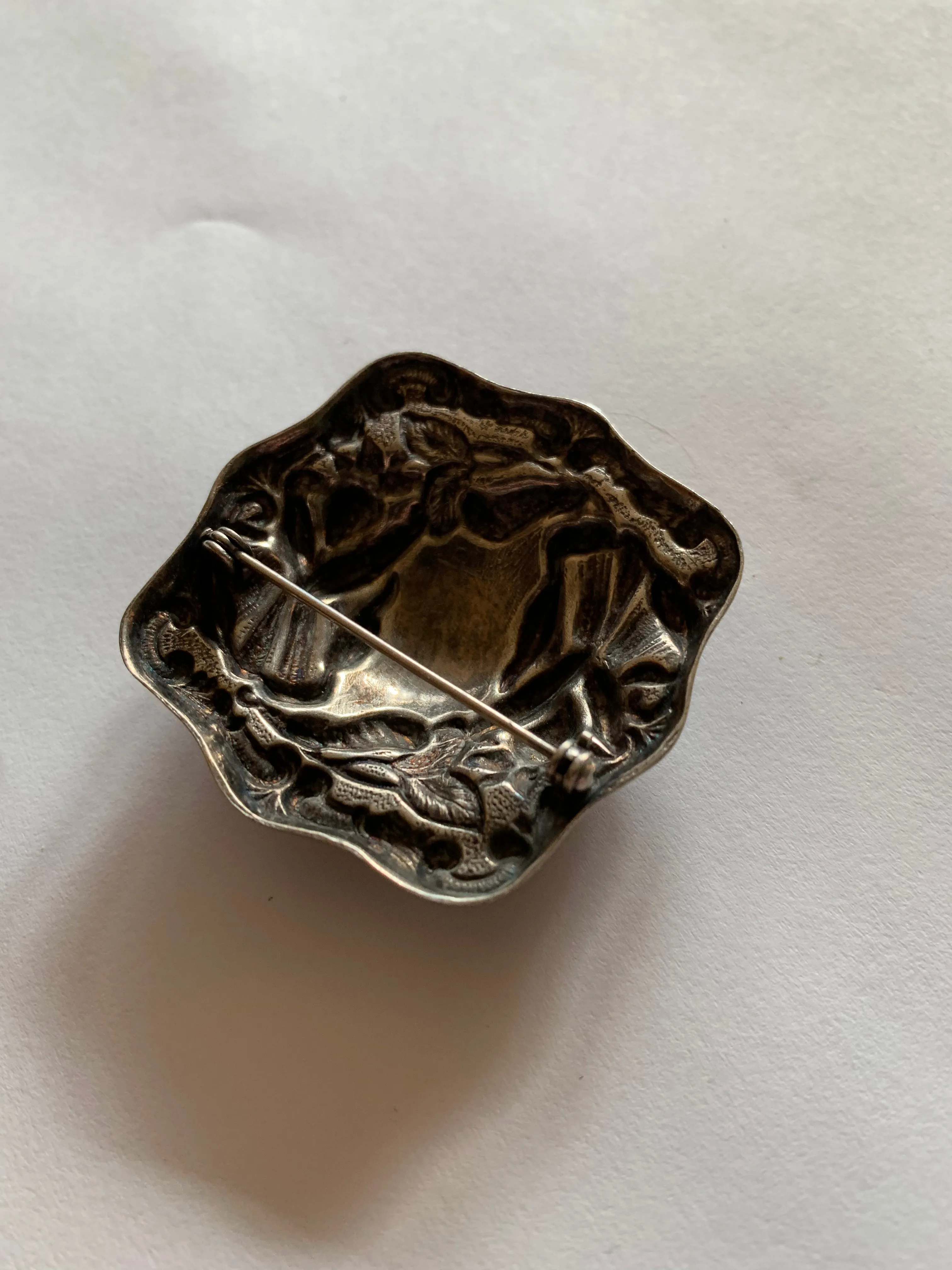 Art Nouveau Repoussé Silver Floral Brooch circa 1980s
