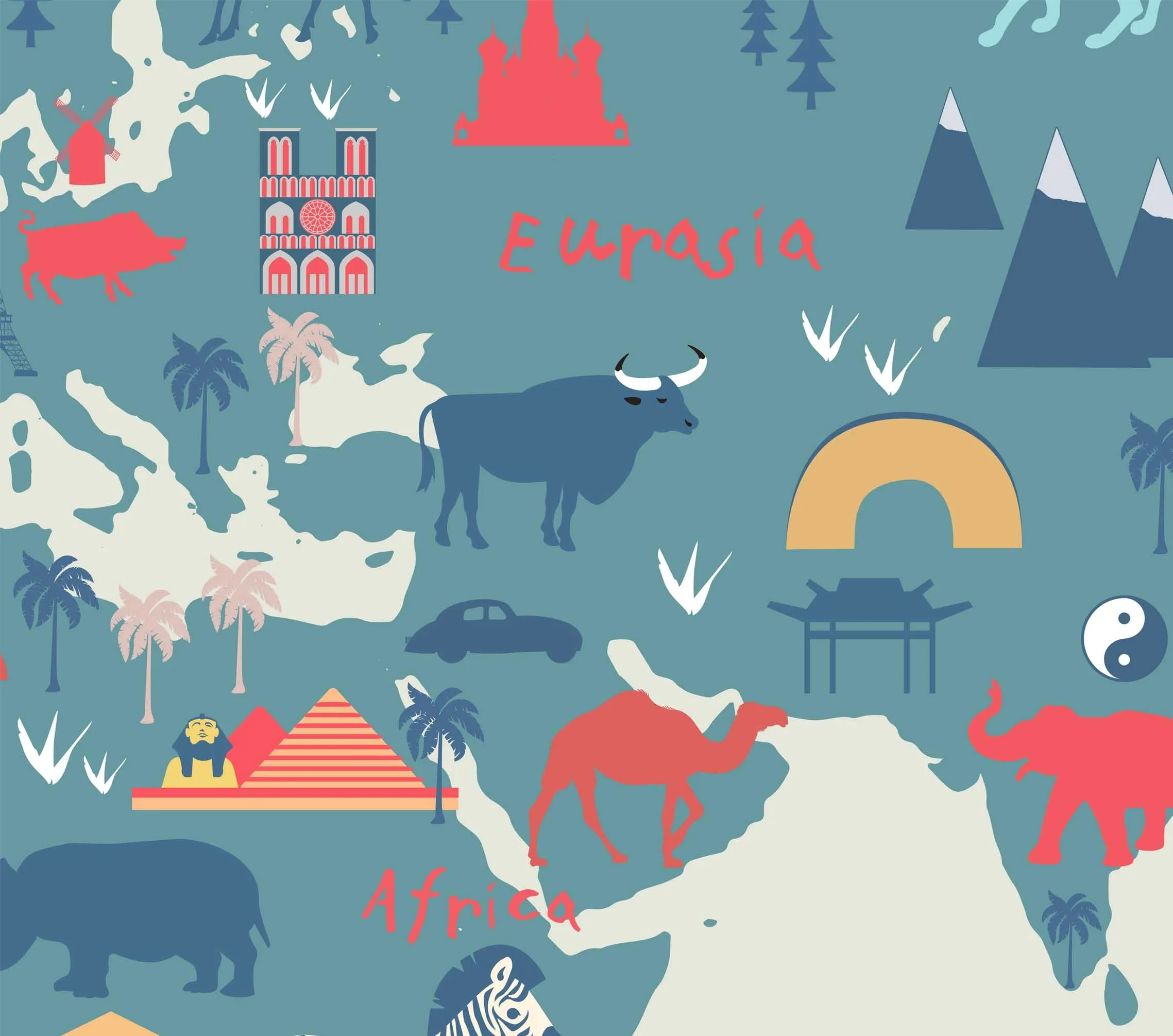 Beautiful Silhouette World Map Wallpaper Design for Kids Room, Made to Size