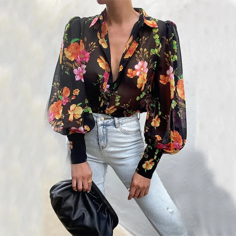 BerriesJam - 2024Puff Sleeve Floral Leopard Elegant Blouse