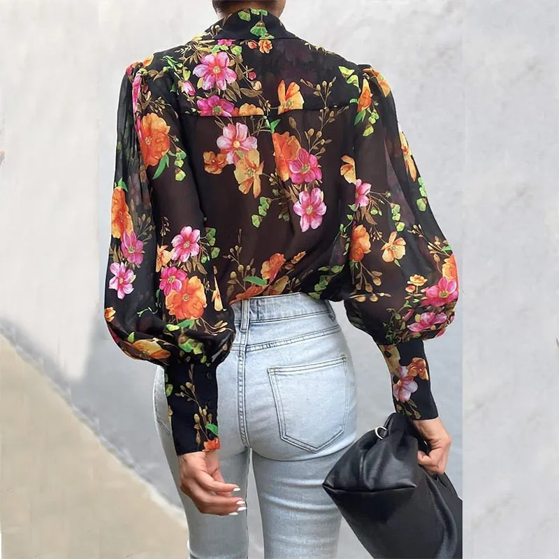 BerriesJam - 2024Puff Sleeve Floral Leopard Elegant Blouse