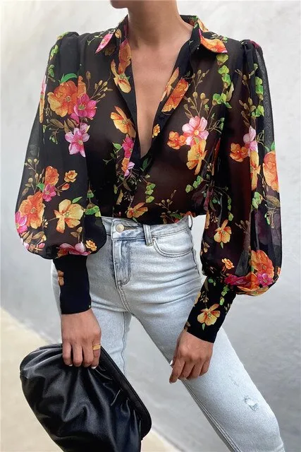 BerriesJam - 2024Puff Sleeve Floral Leopard Elegant Blouse
