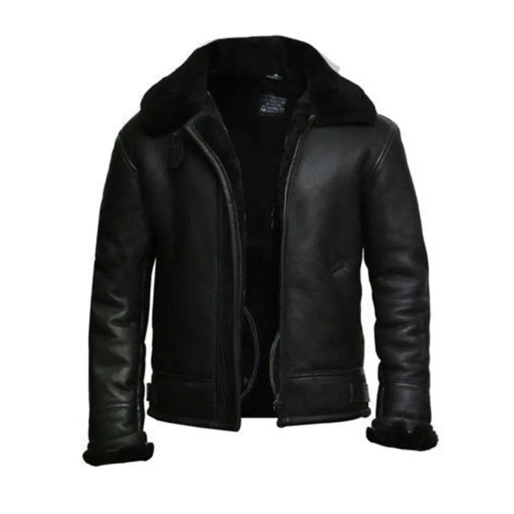 Black Aviator Fur Collar Genuine Leather Jacket