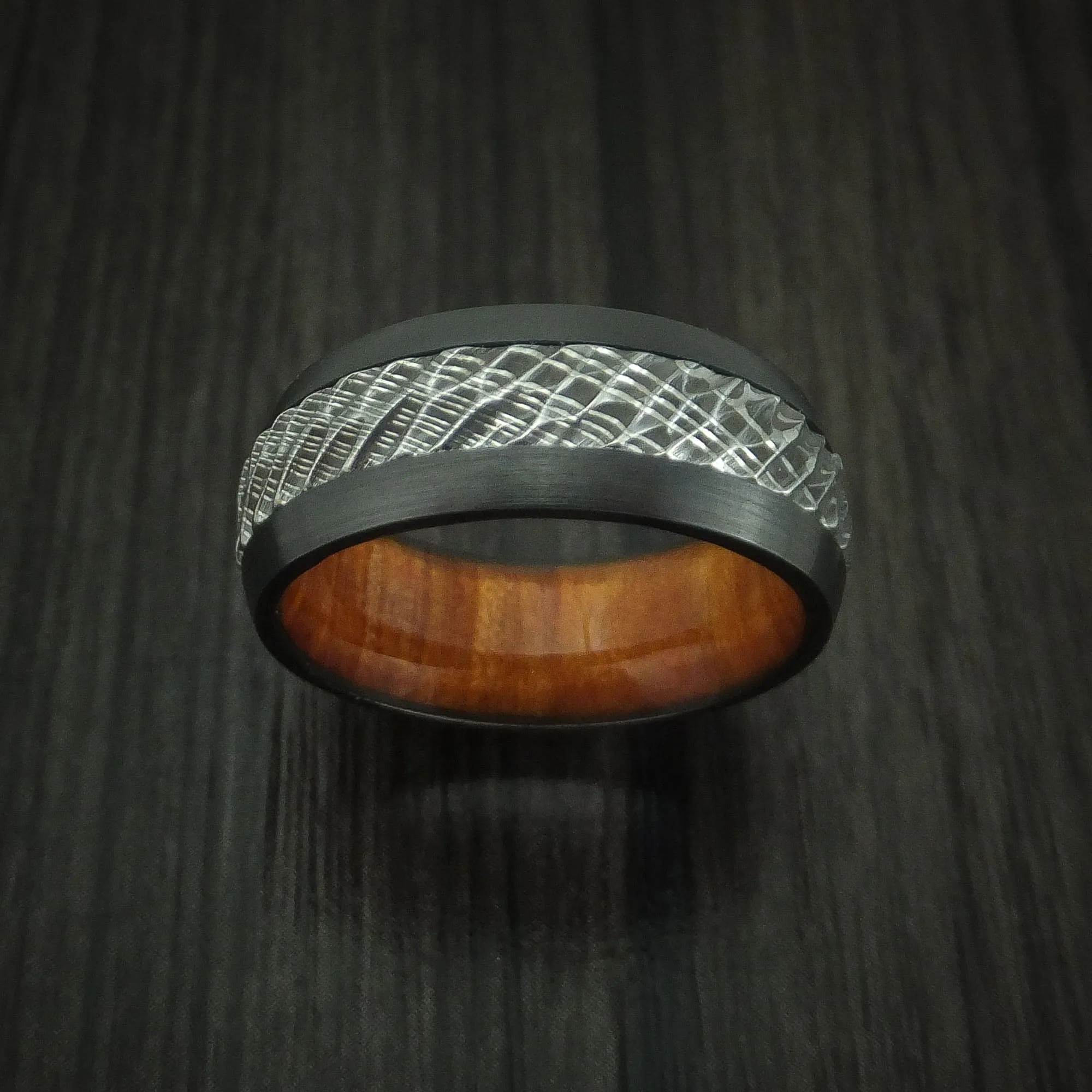 Black Zirconium and Damascus Steel Men's Ring with Tree Bark Carved Finish and Osage Orange Hardwood Sleeve Custom Made Band