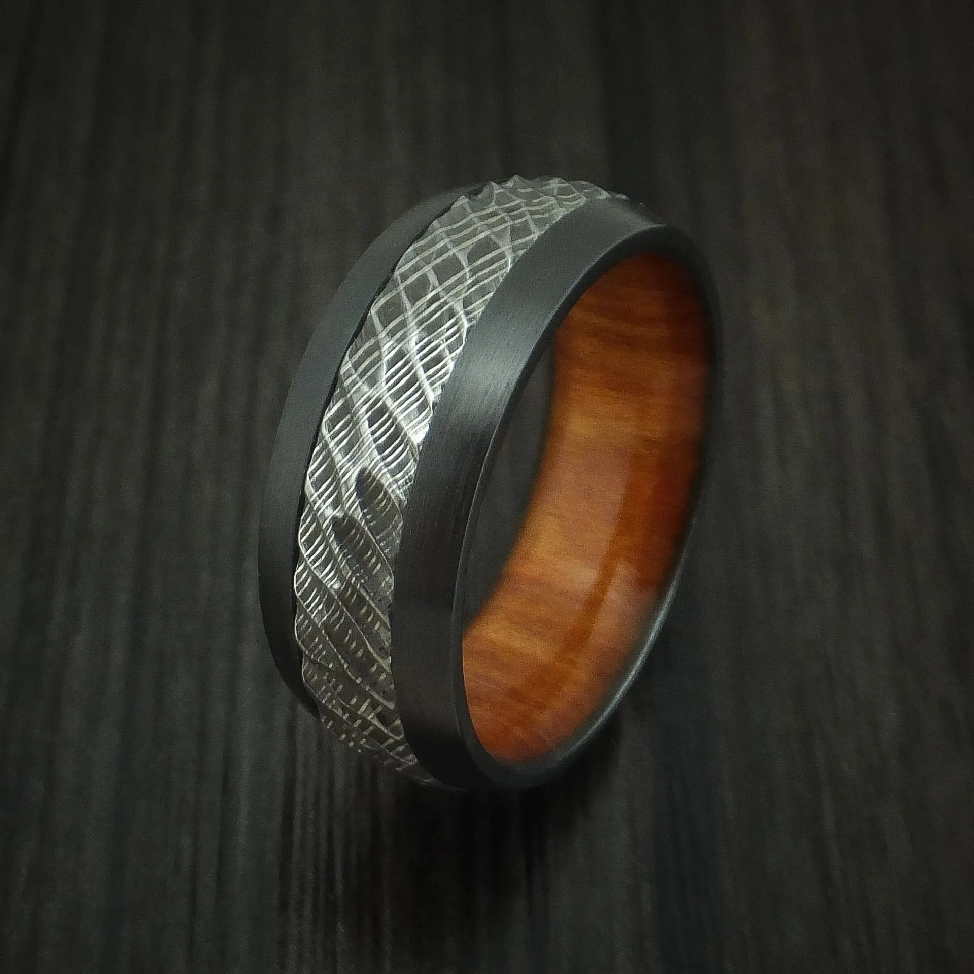 Black Zirconium and Damascus Steel Men's Ring with Tree Bark Carved Finish and Osage Orange Hardwood Sleeve Custom Made Band