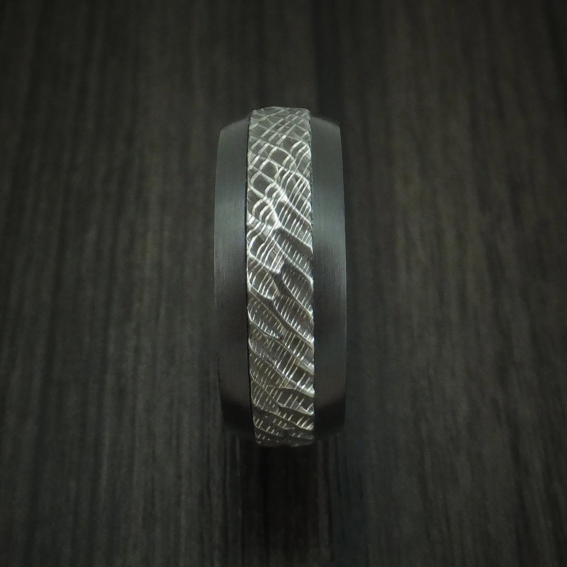 Black Zirconium and Damascus Steel Men's Ring with Tree Bark Carved Finish and Osage Orange Hardwood Sleeve Custom Made Band