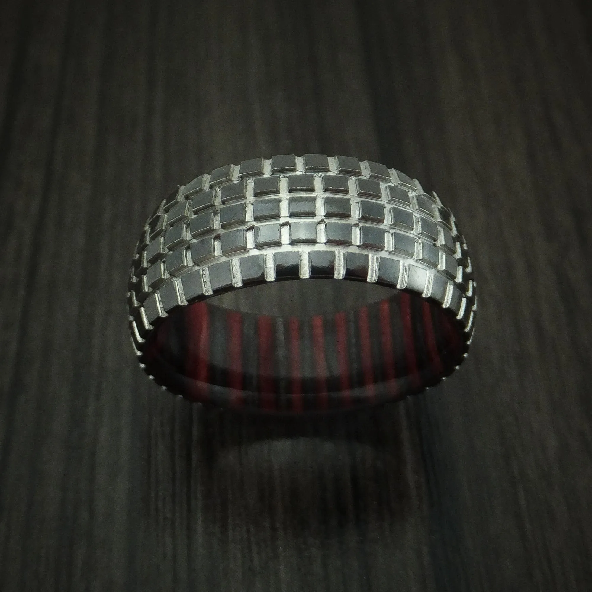 Black Zirconium Carved Tread Design Men's Ring with Wood Sleeve Bold Unique Band Custom Made