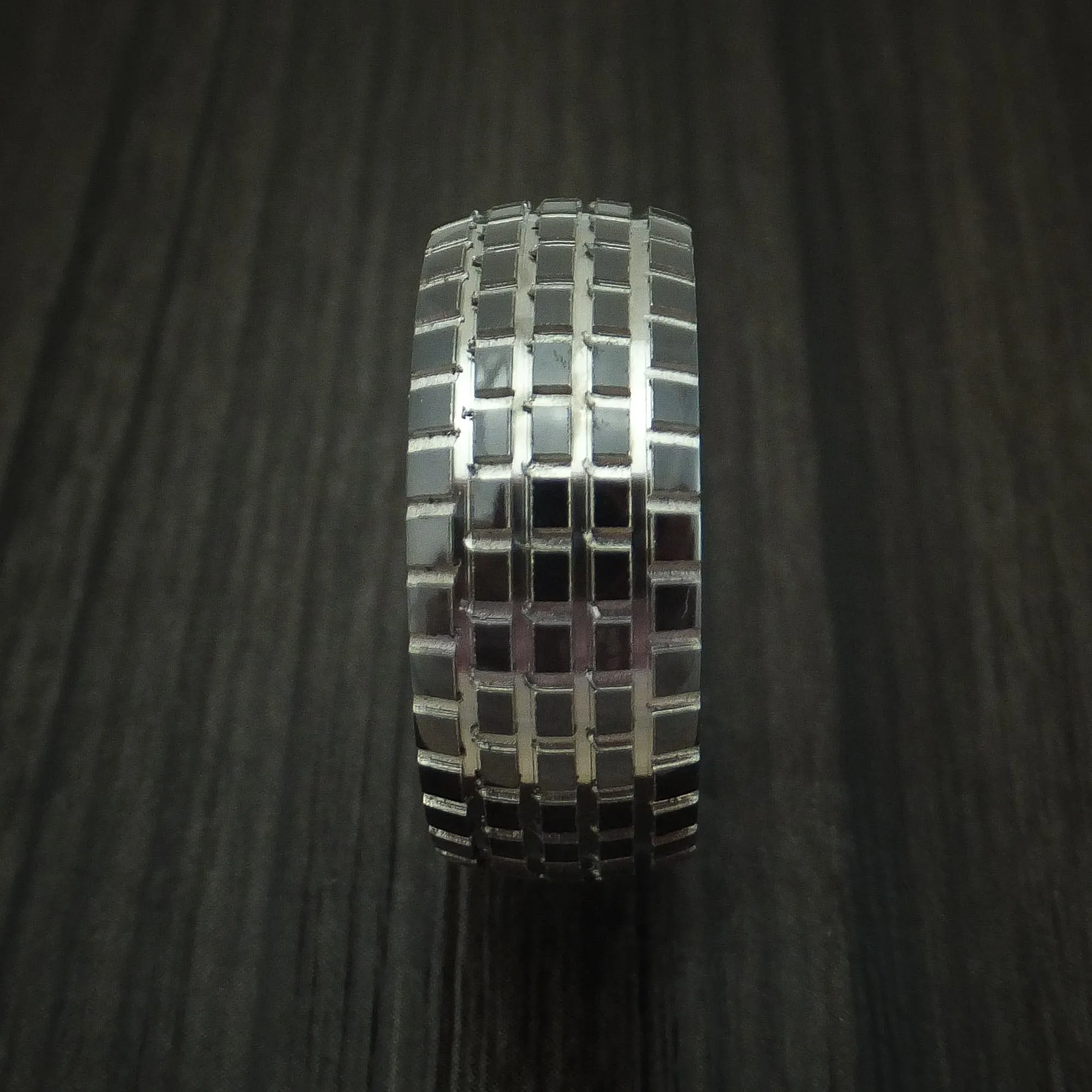 Black Zirconium Carved Tread Design Men's Ring with Wood Sleeve Bold Unique Band Custom Made