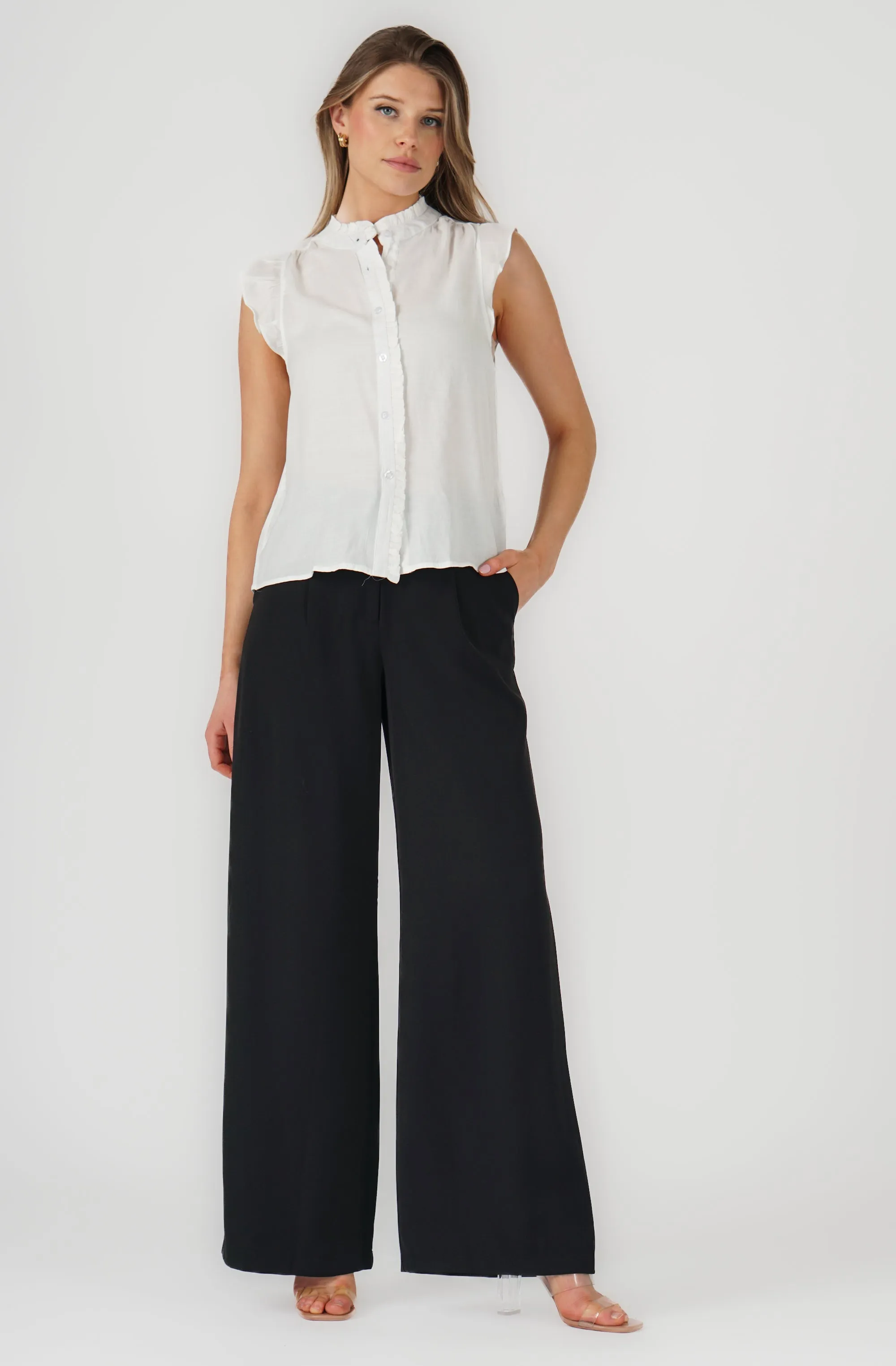 Button Up Blouse with Ruffle Cap Sleeves