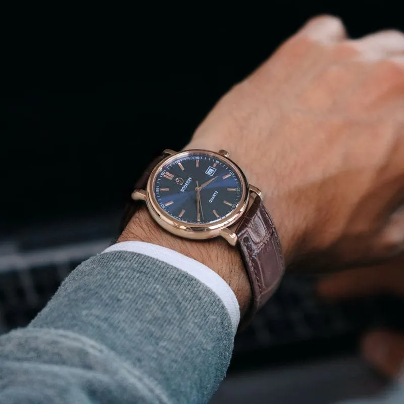 CLASSIC 40MM - Swiss Quartz Movement Watch | Rose-Gold Case & Brown Leather Strap