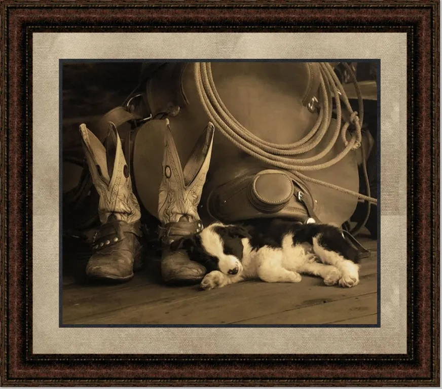 Cowboy Puppy | Framed Western Puppy Art in Double Mat | 21L X 25W" Inches