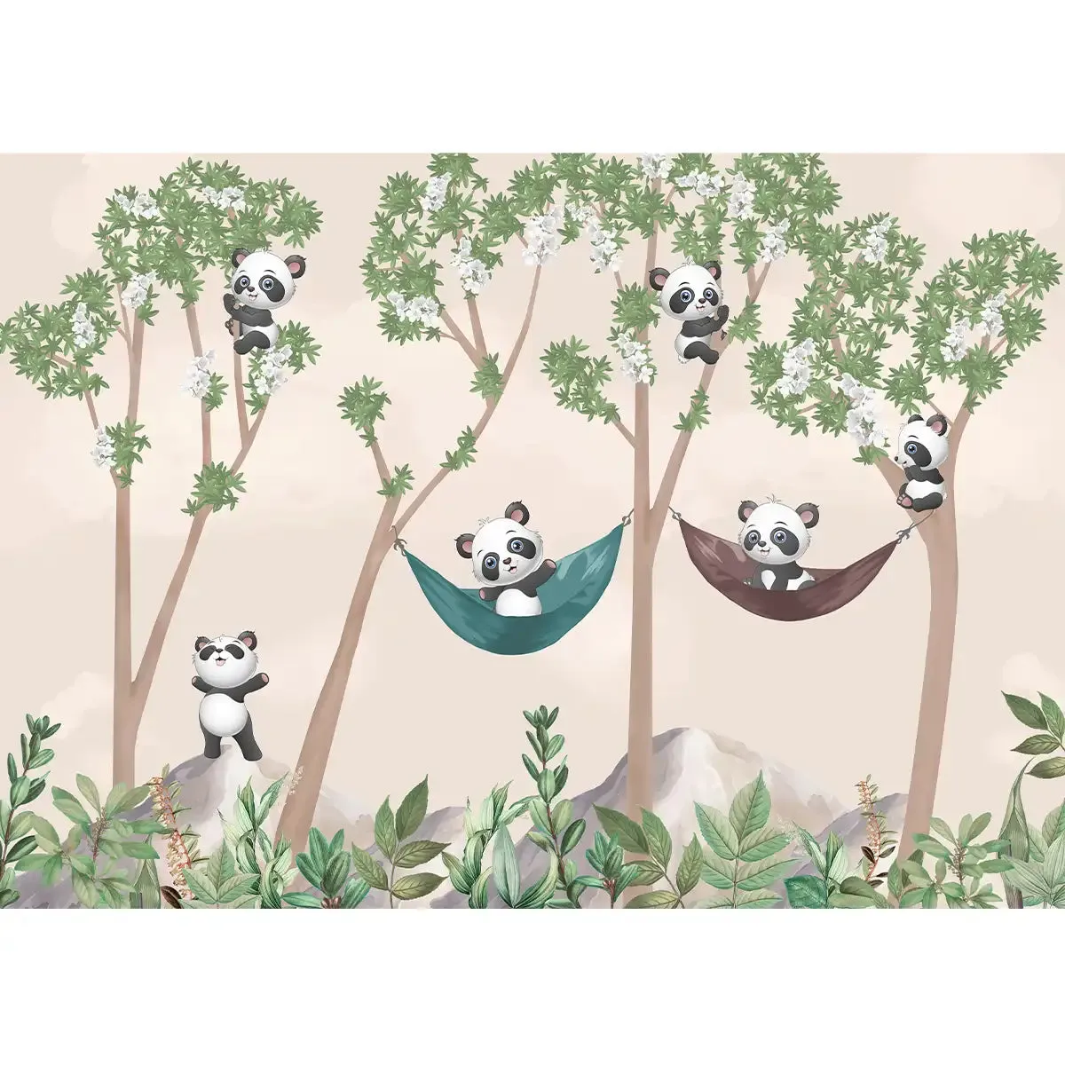 Cute Panda on Hammock Wallpaper for Kids Room Wall, Customised