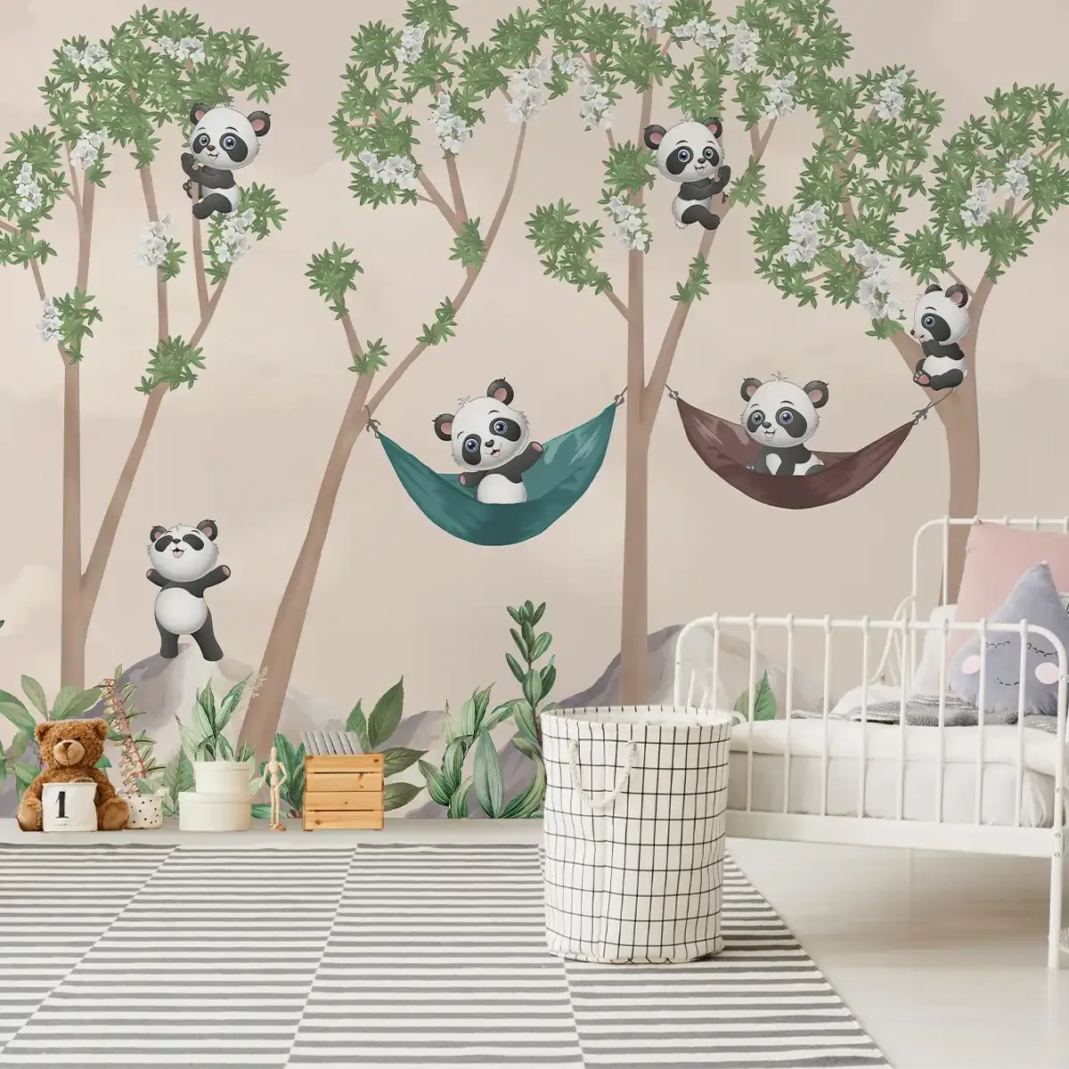 Cute Panda on Hammock Wallpaper for Kids Room Wall, Customised