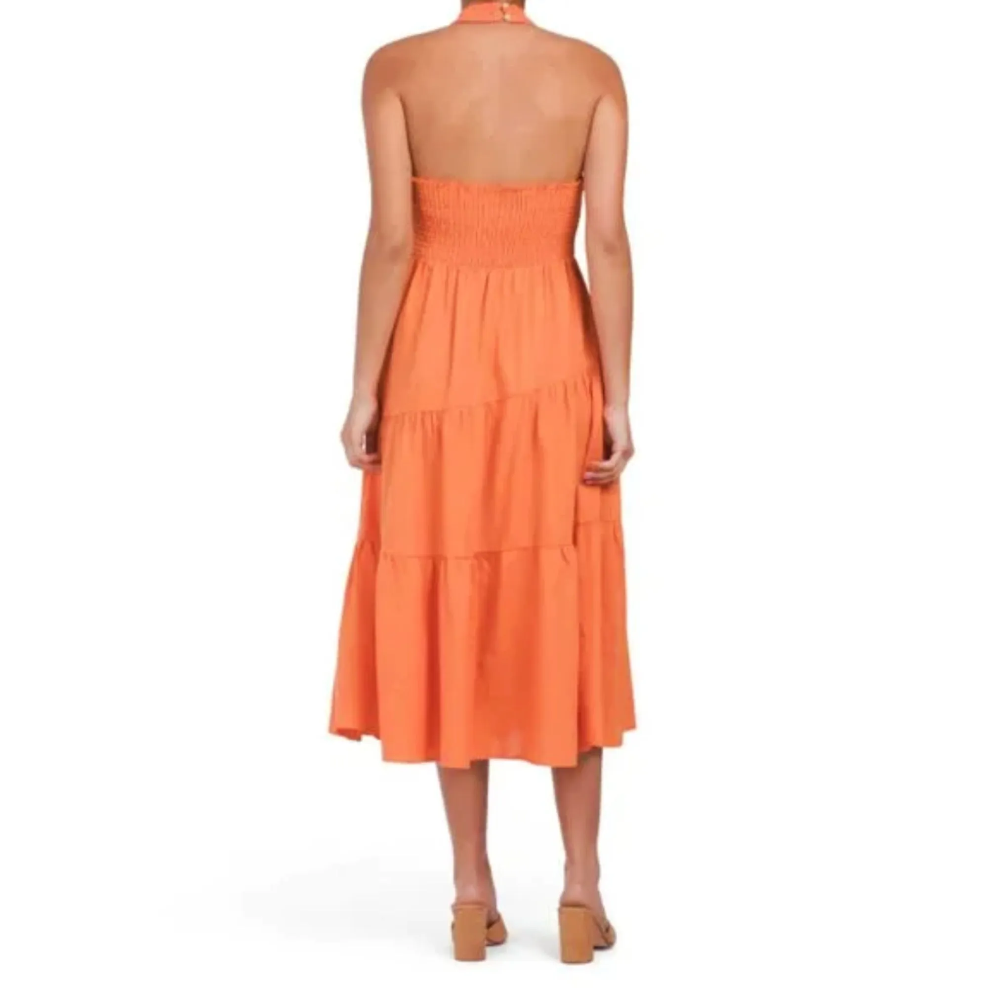 FORCYNTHIA Women's Linen Blend Halter Neck Tiered Midi Dress