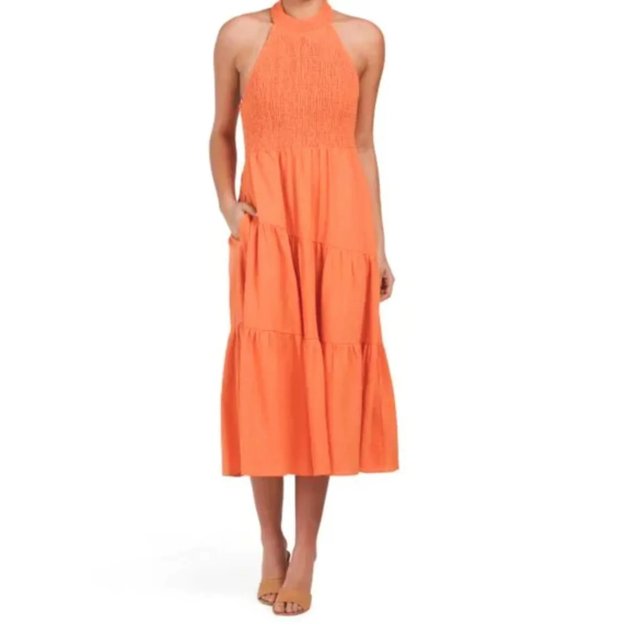 FORCYNTHIA Women's Linen Blend Halter Neck Tiered Midi Dress