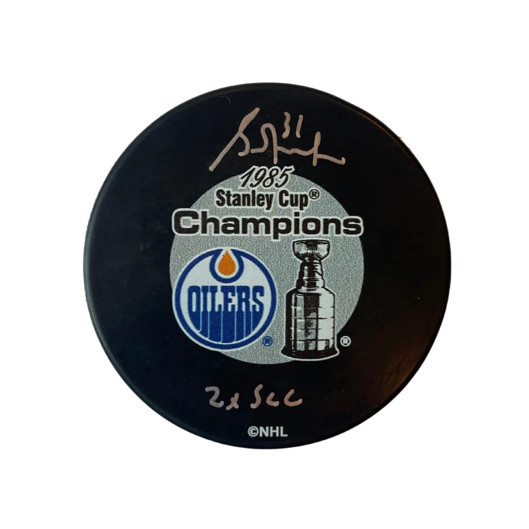 Grant Fuhr Edmonton Oilers Autographed 1985 Oilers Stanley Cup Puck w/ "2x SCC" Inscription - Fan Cave COA