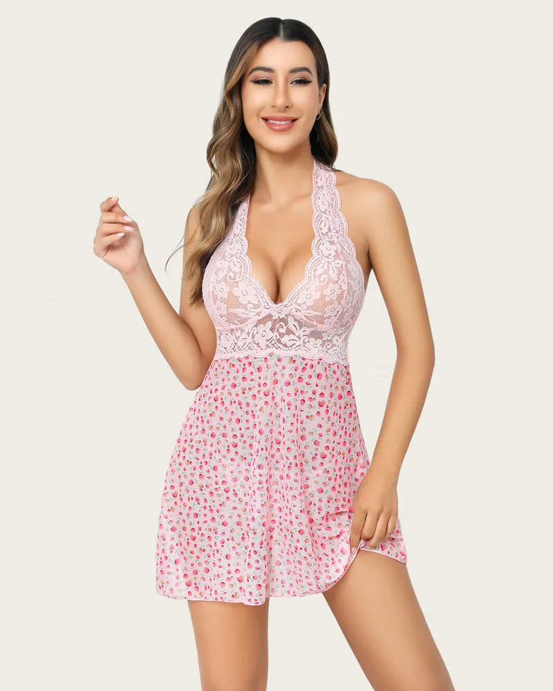Halter Lace Print Wedding Babydoll