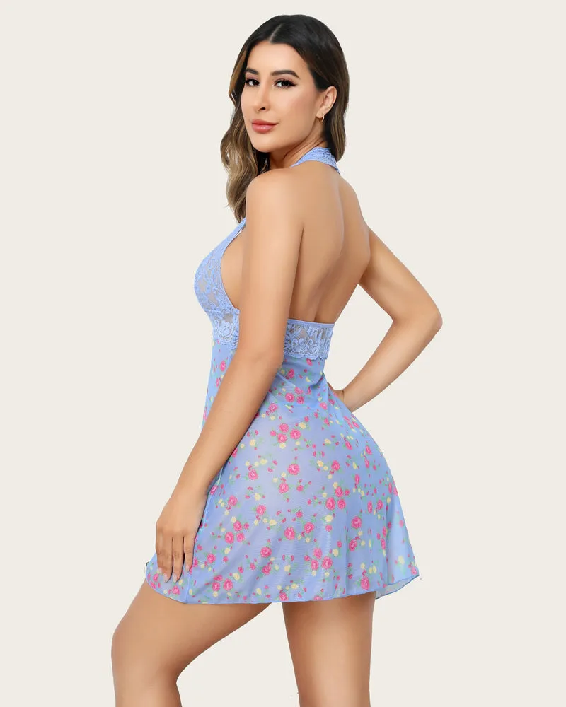 Halter Lace Print Wedding Babydoll