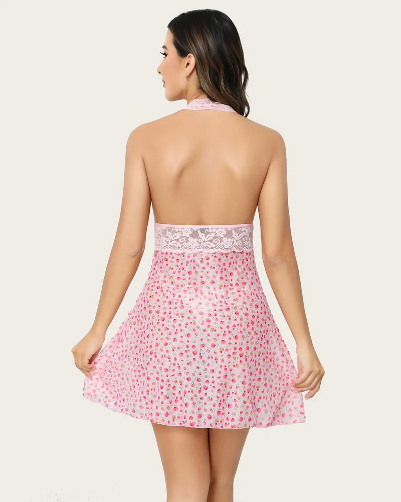 Halter Lace Print Wedding Babydoll