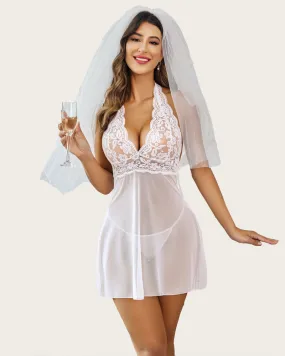Halter Lace Print Wedding Babydoll