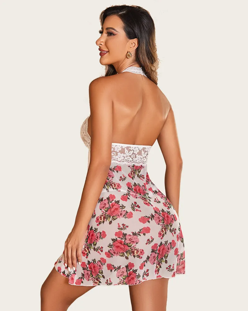 Halter Lace Print Wedding Babydoll