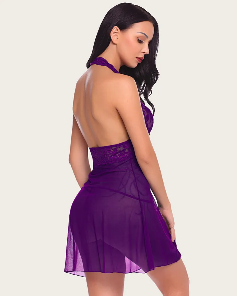 Halter Lace Print Wedding Babydoll