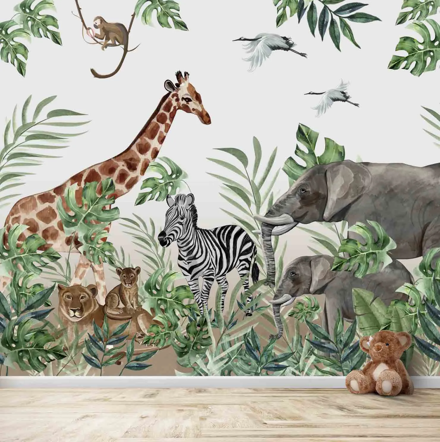 Jungle Theme Kids Room Wallpaper, Giraffe, Elephant, Lioness,Cub, Zebra, Customised