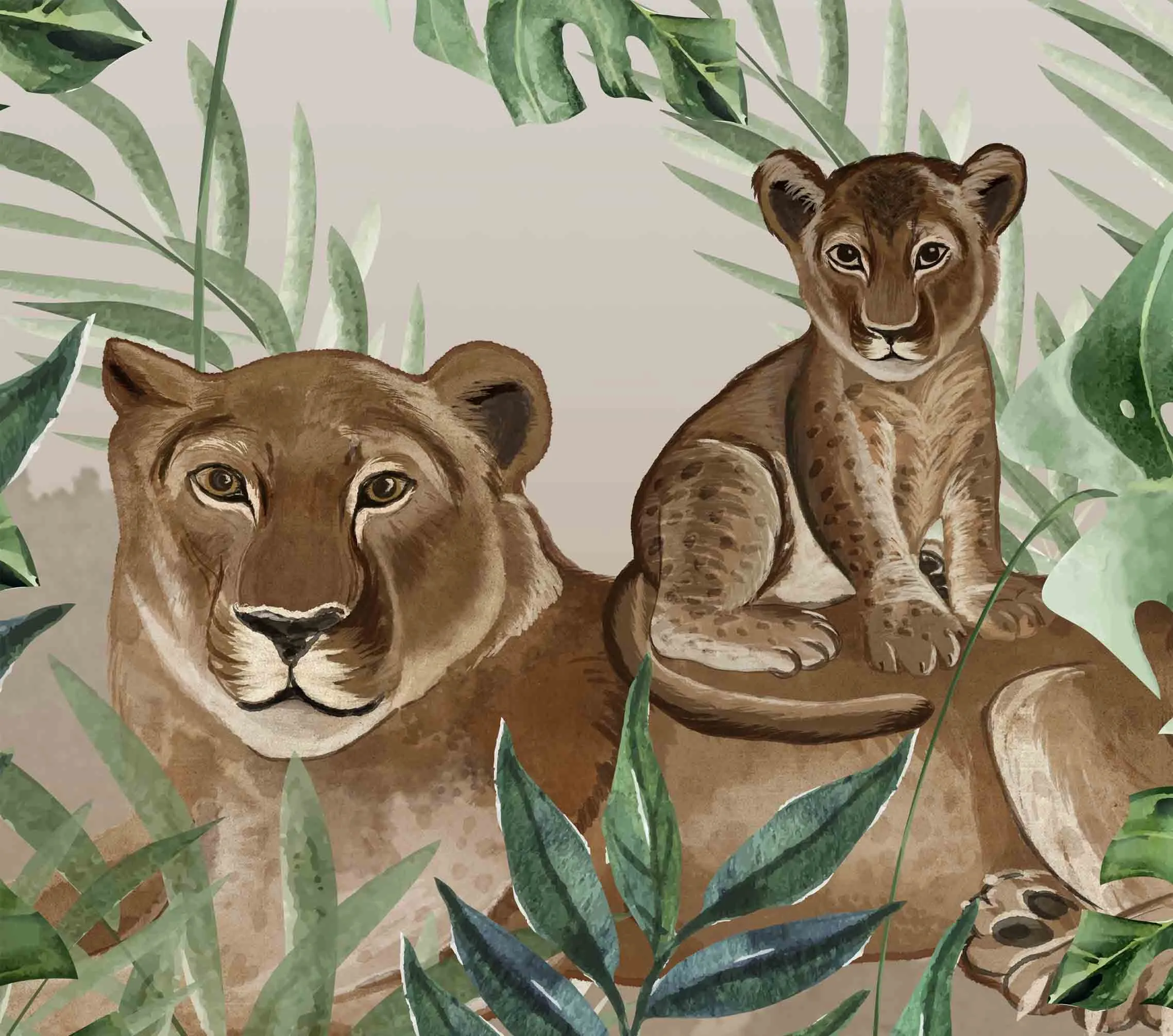 Jungle Theme Kids Room Wallpaper, Giraffe, Elephant, Lioness,Cub, Zebra, Customised