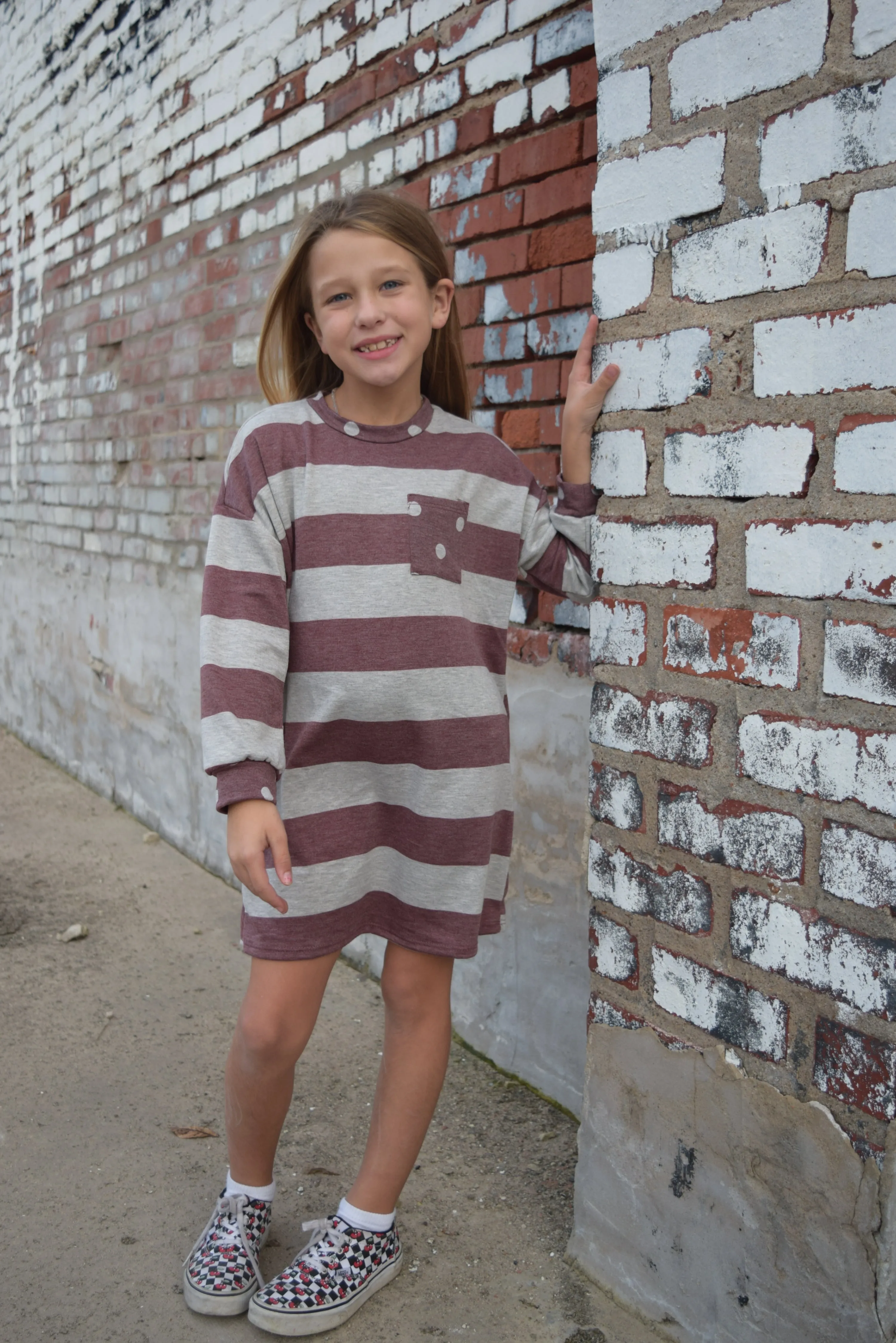 Kids Maroon Strip Knit Long Sleeve Dress