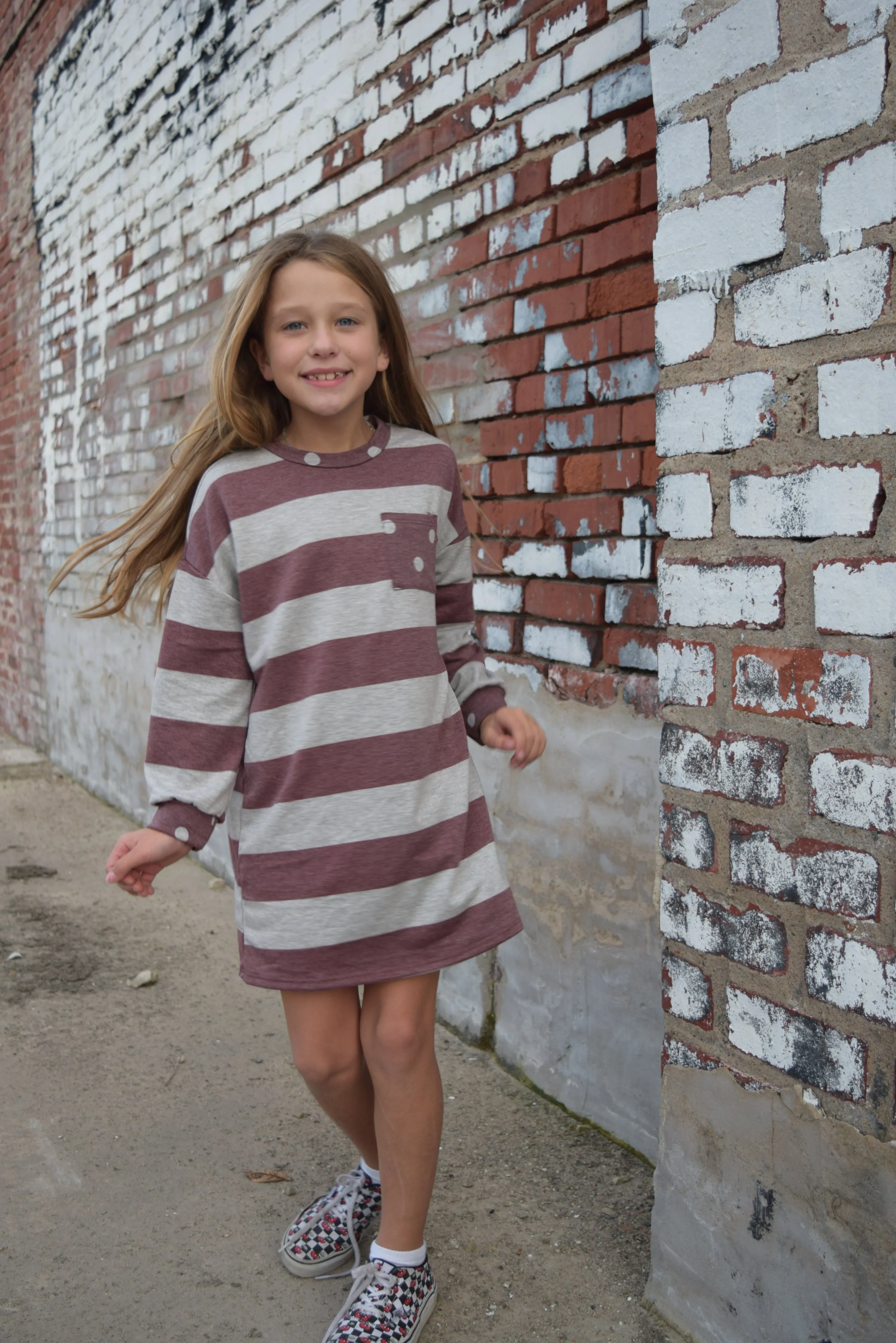 Kids Maroon Strip Knit Long Sleeve Dress