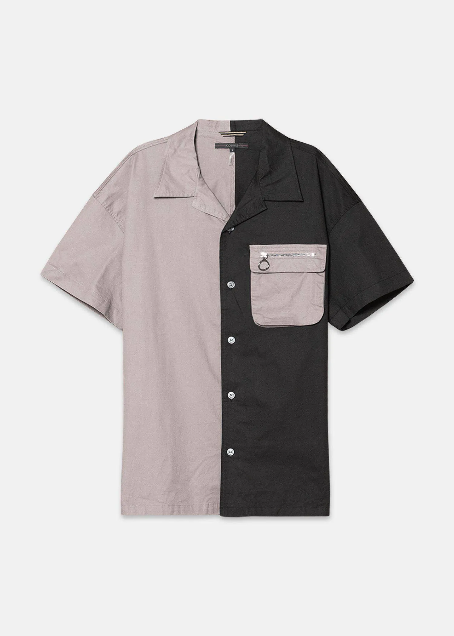 Konus Men's Bellow Pocket Oversize Short Sleeve Shirt in Black Khaki