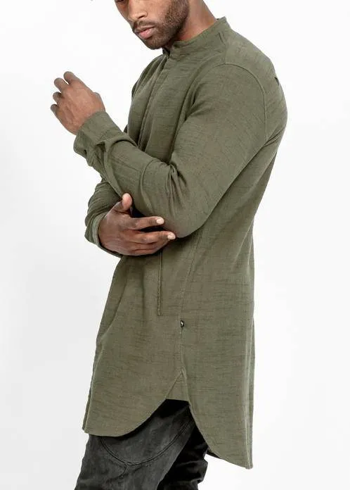 Konus Men's Long Mandarin Collar Shirt w/ Welt Pockets in Olive