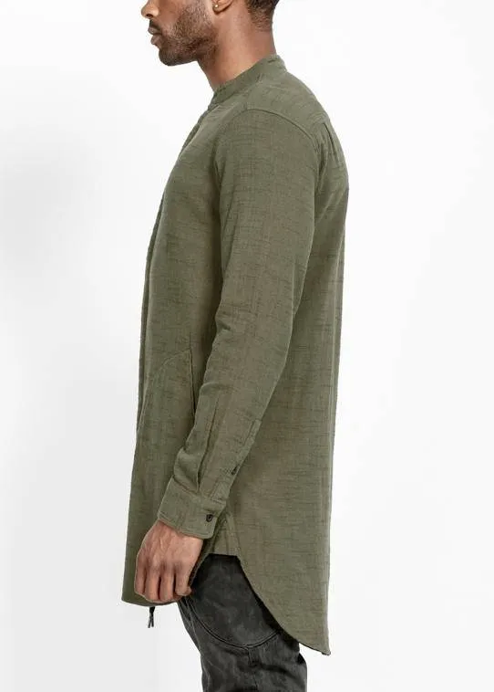 Konus Men's Long Mandarin Collar Shirt w/ Welt Pockets in Olive