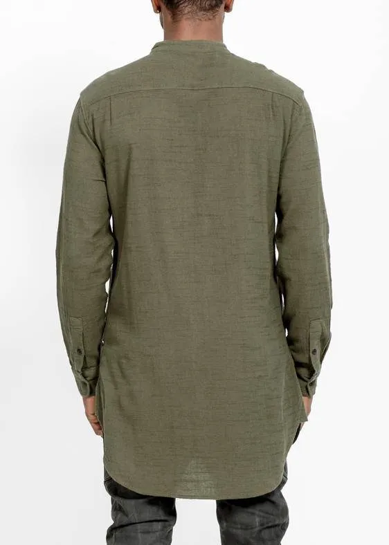 Konus Men's Long Mandarin Collar Shirt w/ Welt Pockets in Olive