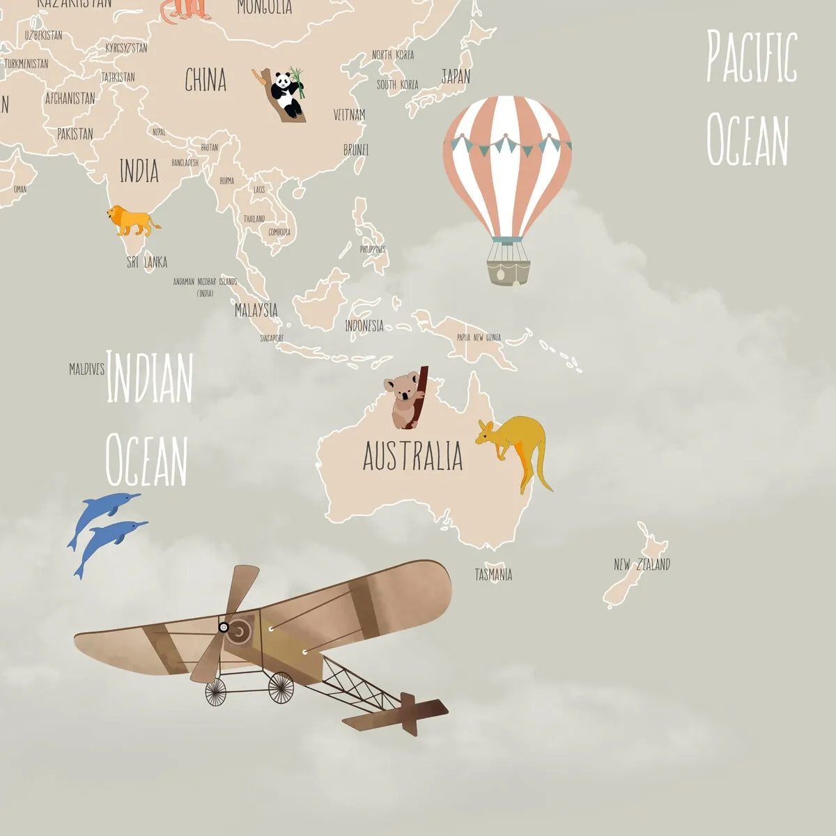 Pastel Kids Bedroom Wall Size Wallpaper of World Map