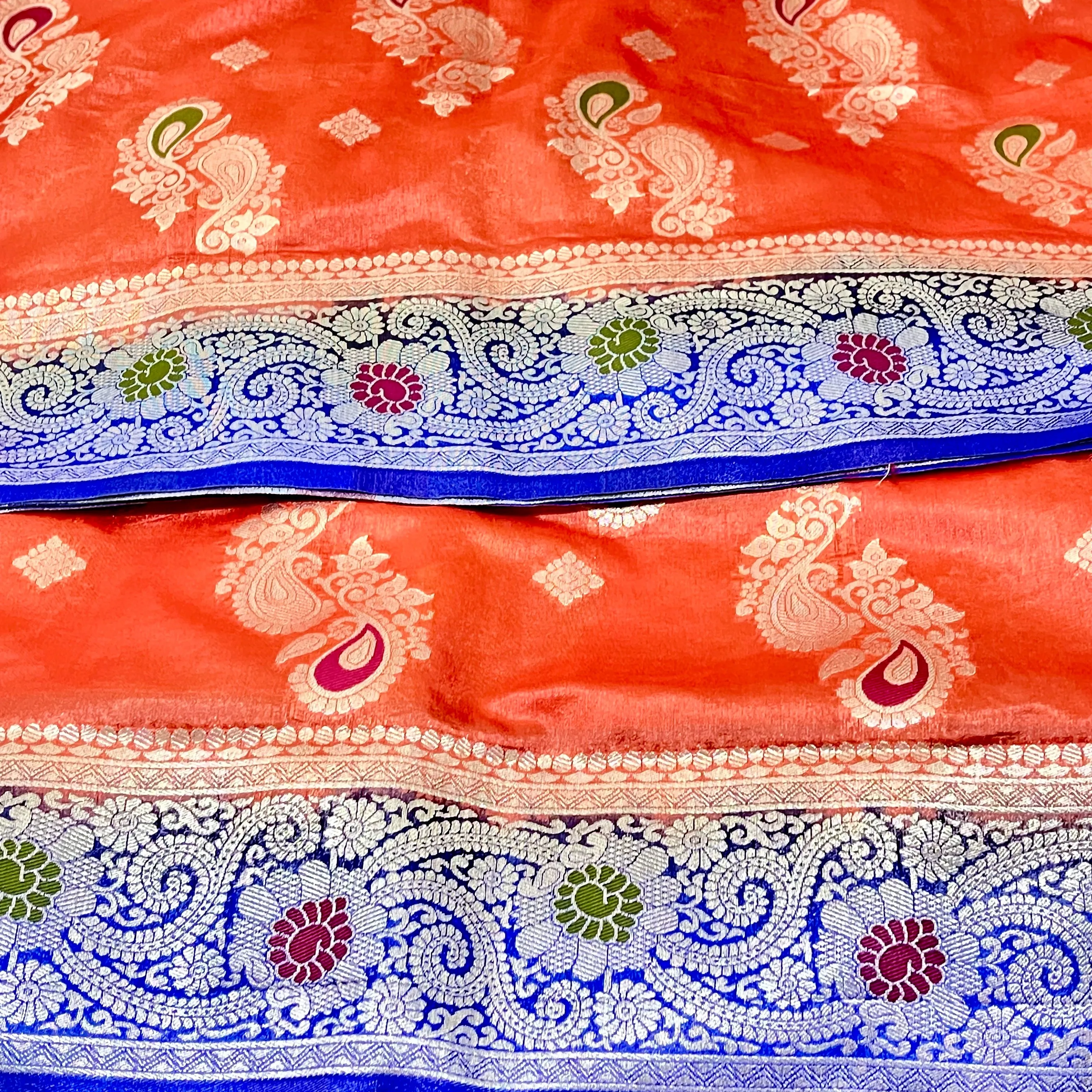 Peach Orange Banarasi Jute Silk Saree with Stitched Blouse