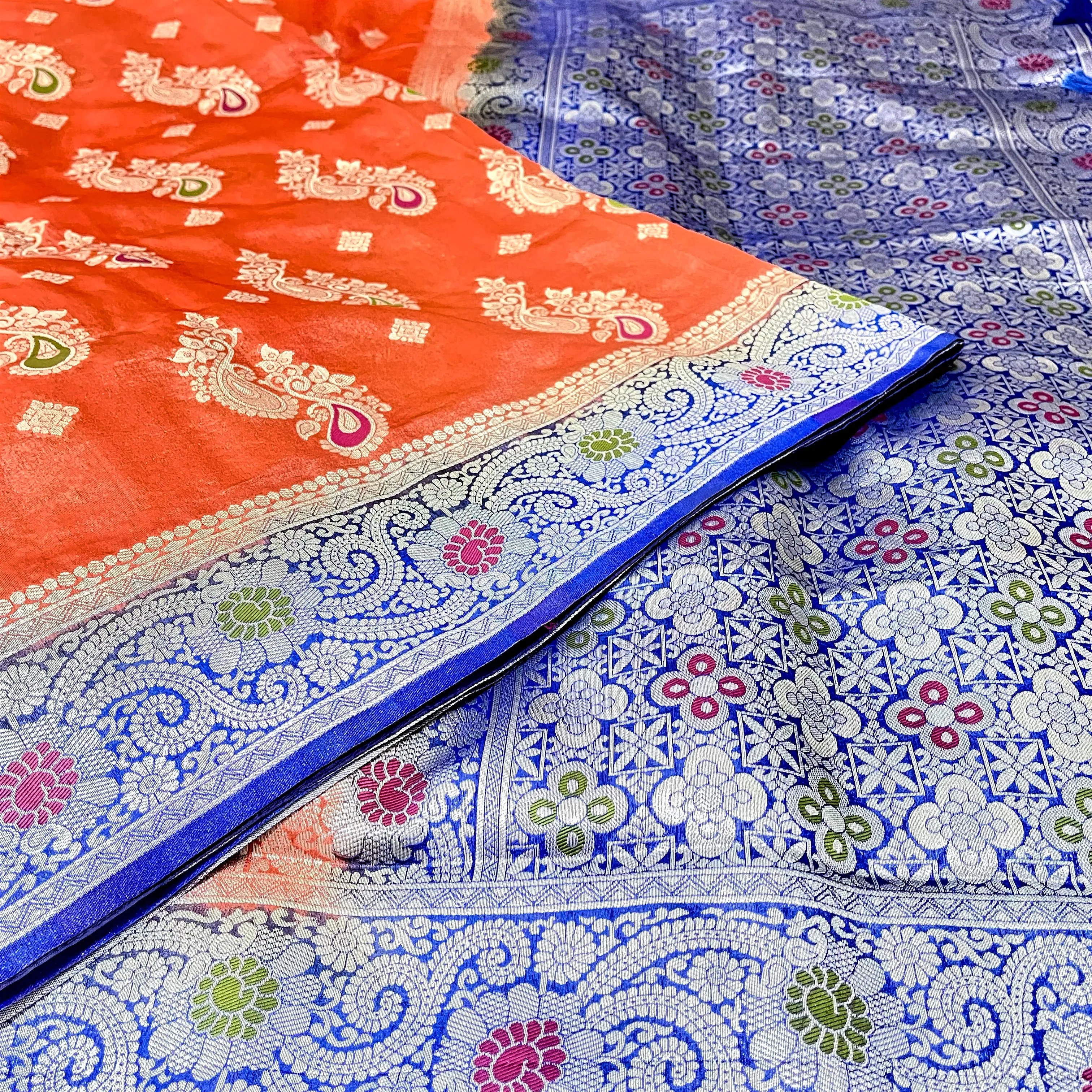 Peach Orange Banarasi Jute Silk Saree with Stitched Blouse