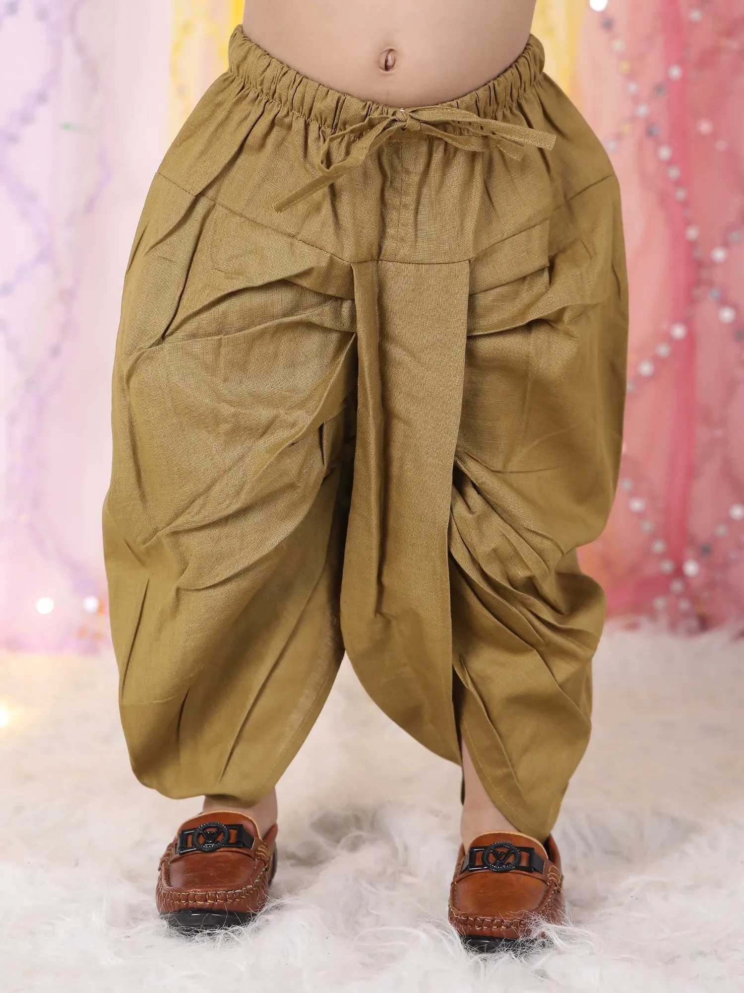 Polka Tots Full Sleeve Christmas tree Embroidery Kurta With Dhoti Set - Brown