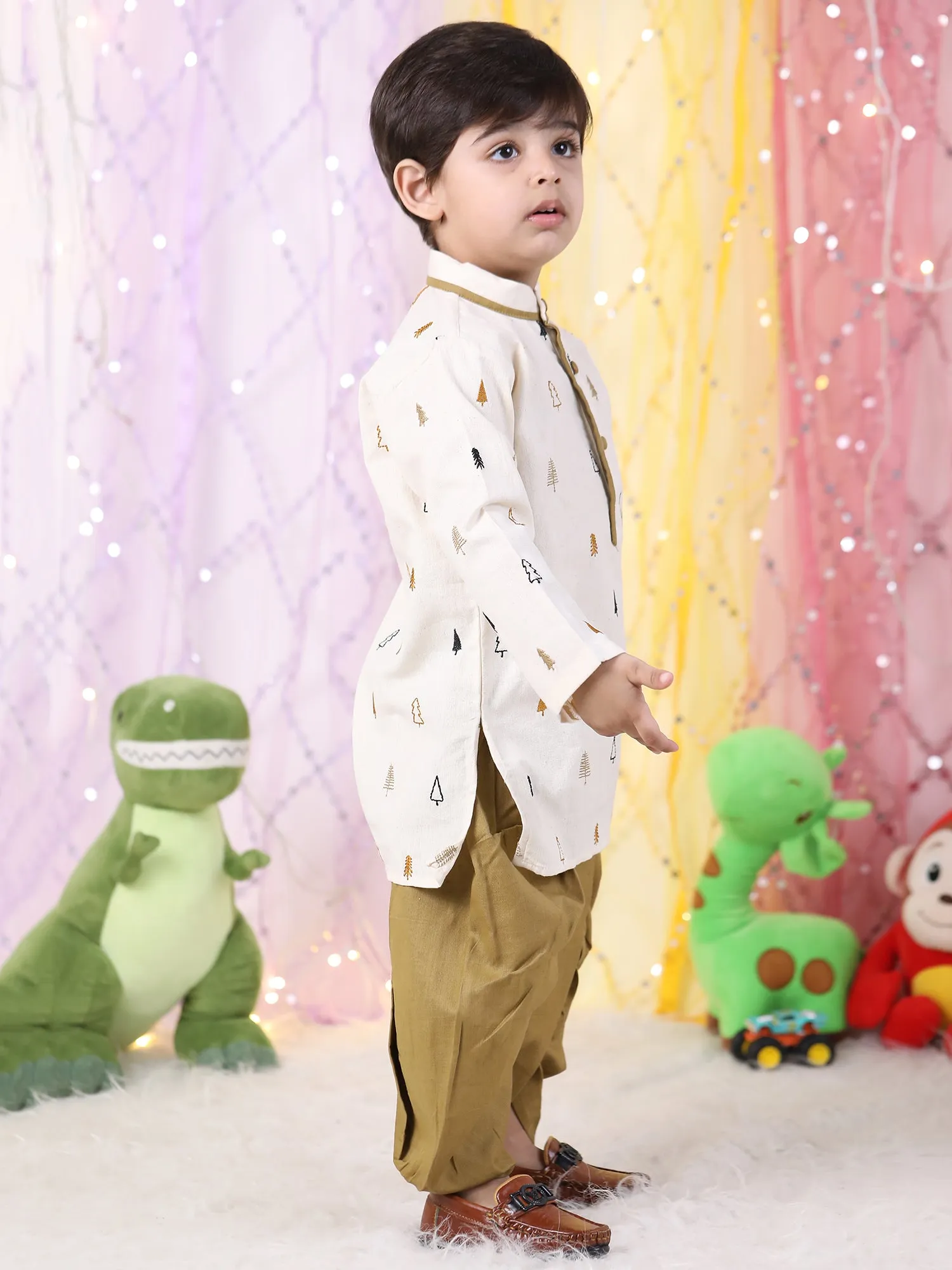 Polka Tots Full Sleeve Christmas tree Embroidery Kurta With Dhoti Set - Brown