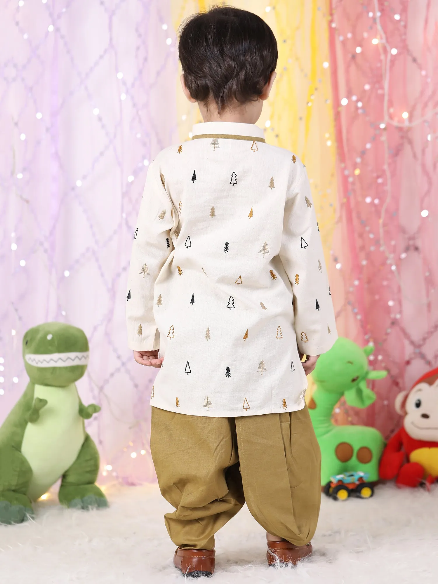 Polka Tots Full Sleeve Christmas tree Embroidery Kurta With Dhoti Set - Brown