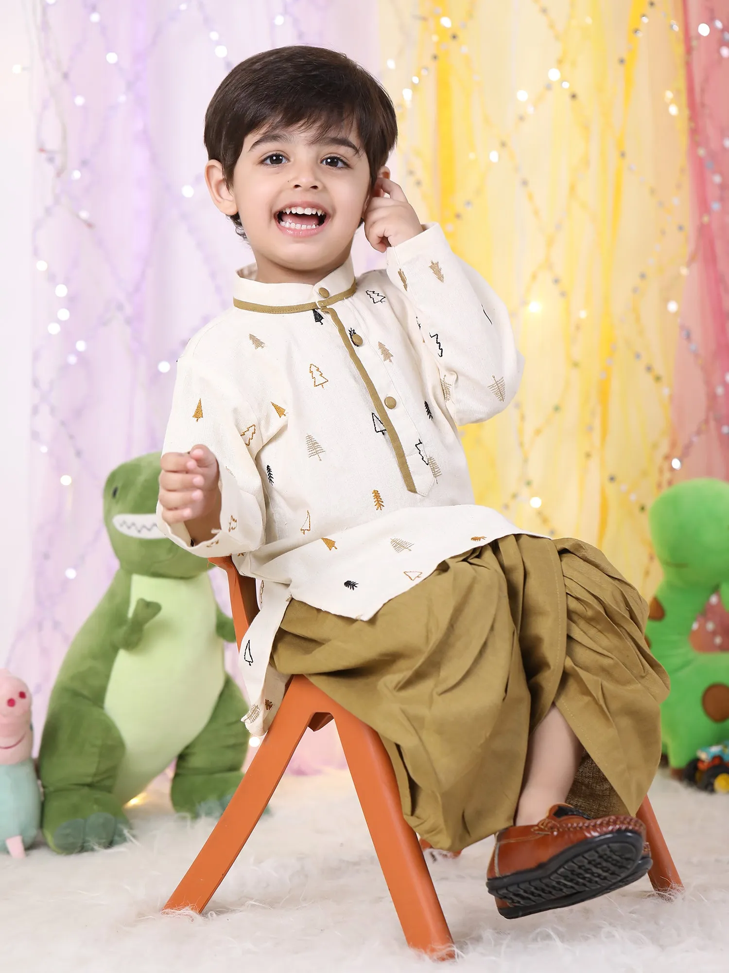 Polka Tots Full Sleeve Christmas tree Embroidery Kurta With Dhoti Set - Brown