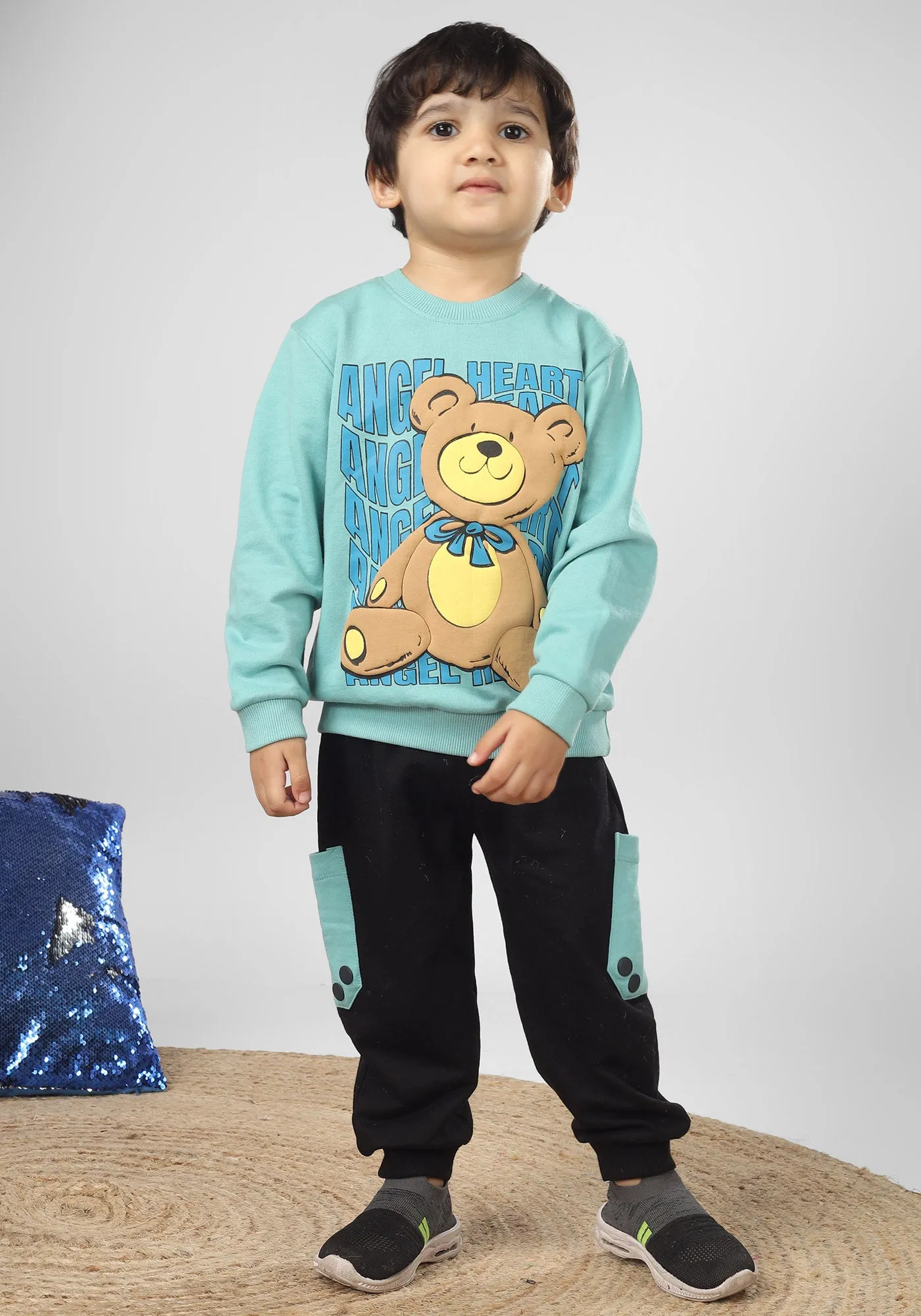 Polka Tots Full Sleeve Teddy Bear Print Co-ord set - Sea green