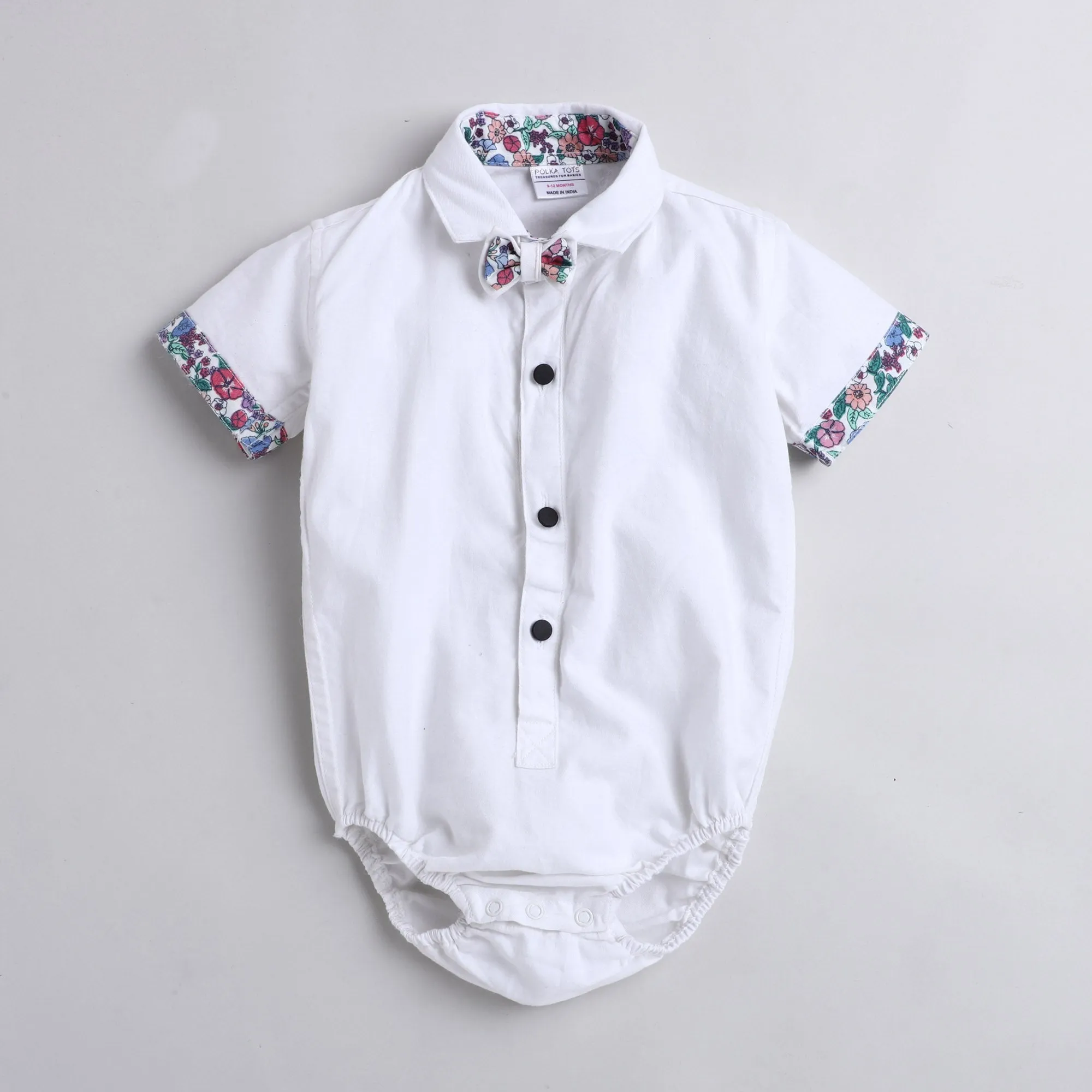 Polka Tots Half Sleeve Onesie Romper Plain Solid With Bow Tie White