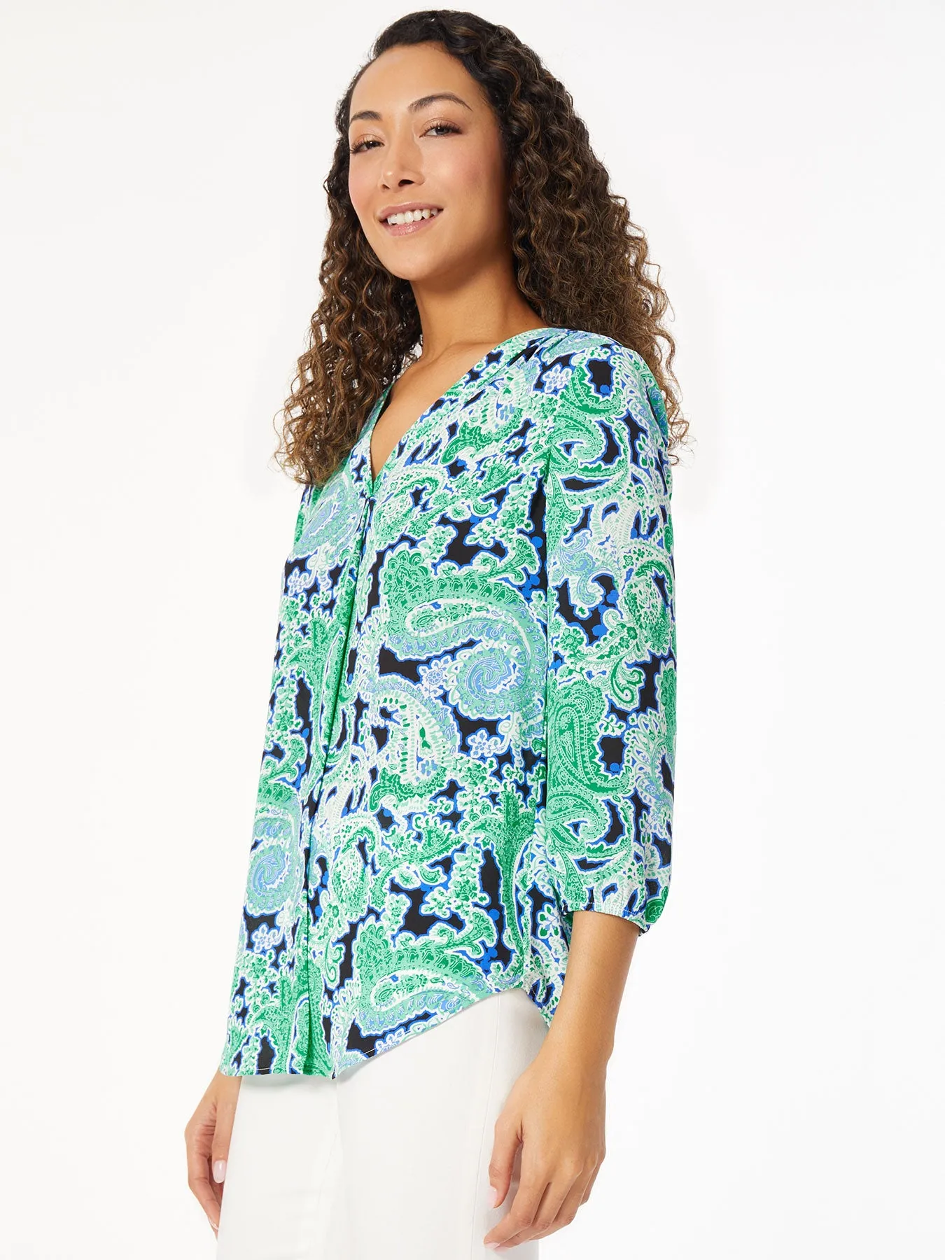 Printed V Neck Pleated Kelly Blouse
