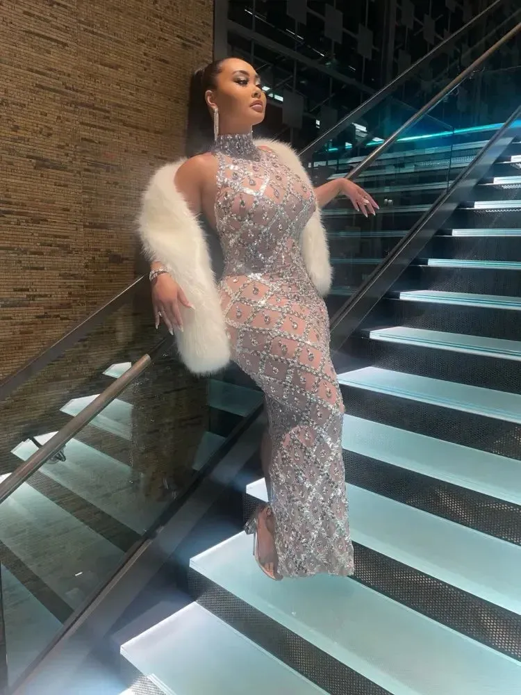 Rhinestones Elegant Sleeveless Mesh Dress