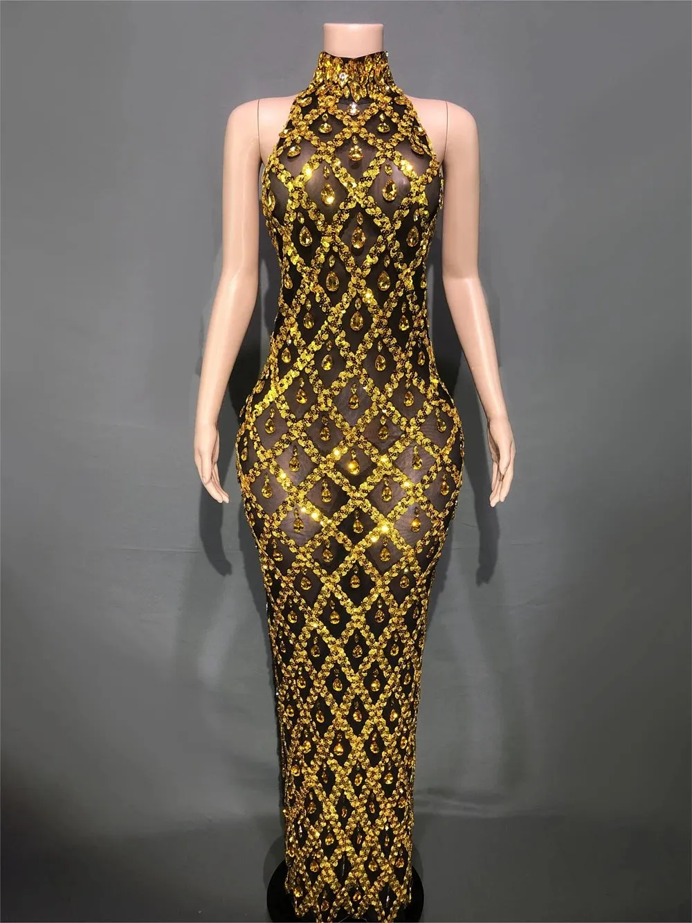 Rhinestones Elegant Sleeveless Mesh Dress